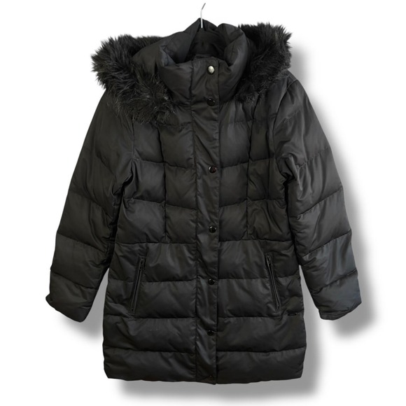 Lands' End Coat Womens Small Black Down Puffer Hooded Faux Fur Trim Parka Jacket - Picture 1 of 12